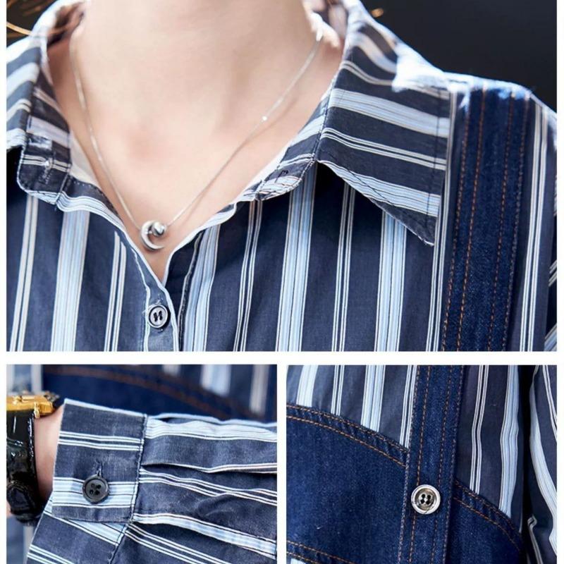Модная джинсовая рубашка в стиле пэчворк для женщин с полосками, модный весенний дизайн в корейском стиле
