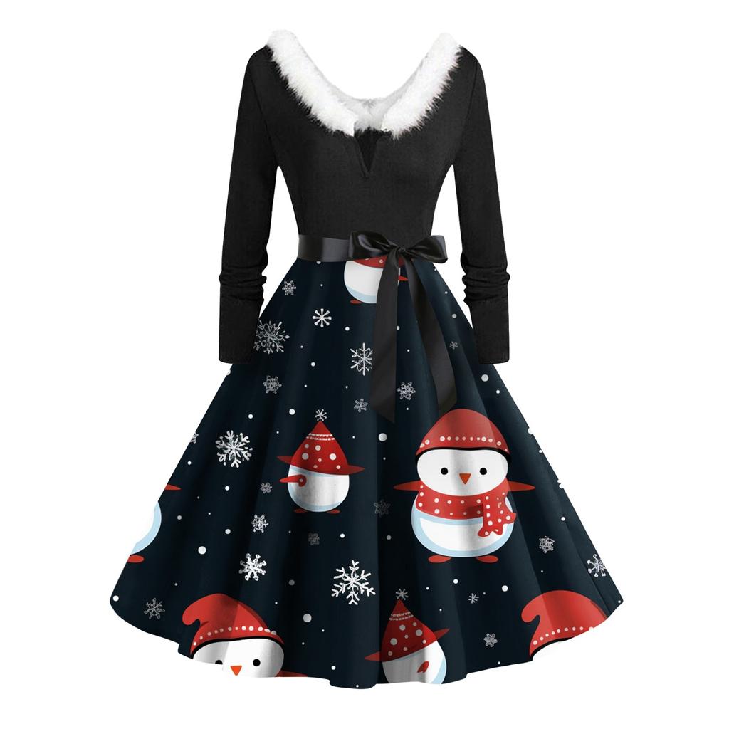 Women Vintage Long Sleeve Christmas Print 1950s Housewife Evening Party Prom Dress