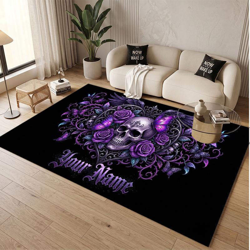 Skull Gothic Theme Soft Crystal Velvet Rug Custom Name & Text Print Non Slip Floor Rug for Bedroom Living Room