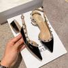2025 Spring and Autumn New Patent Leather Bag Head Sandals Low Heel Rivet Sandals Women's Thick Heel Pointed Apricot Willow Low Heel Shoes