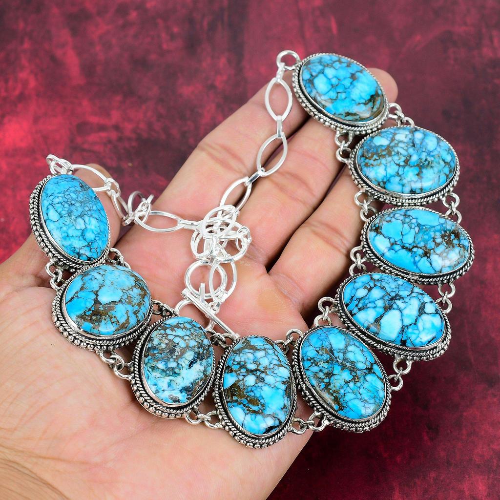 Blue Turquoise Handmade Gemstone Necklace, 925 Solid Sterling Silver Antique Jewelry Adjustable Chain Necklace, For Engagement Gift