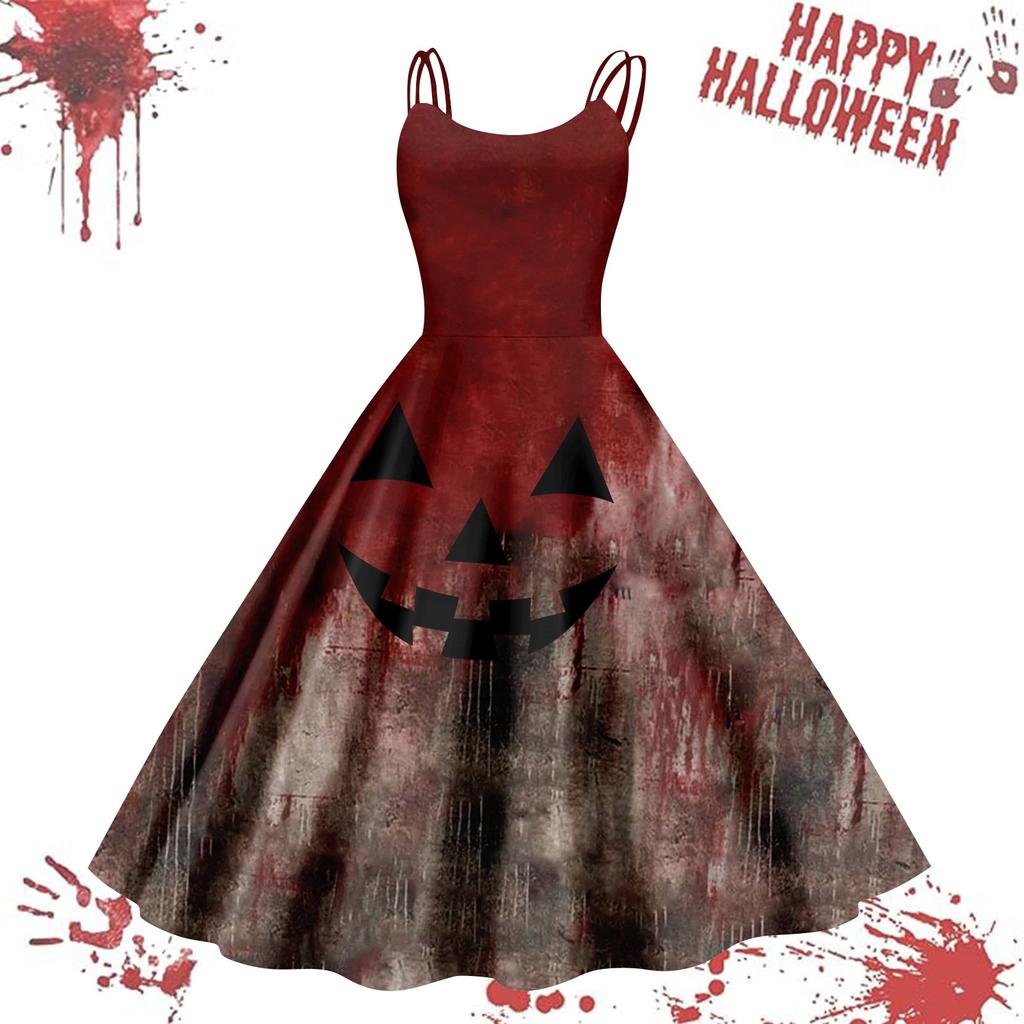 Women's Casual Halloween Printed Suspender Vintage Dress