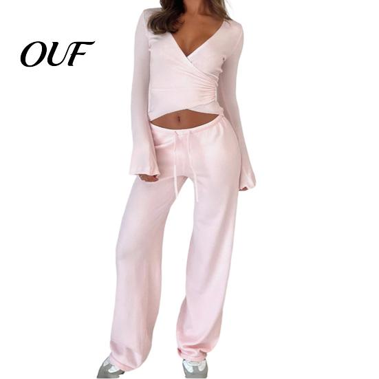 Soft Spring Autumn Clothes Women Sweatshirt Pants 2-Piece Set, V Neck Slim Fit Top & High Tops Waisted Wide Leg Trousers, Solid Color Lounge