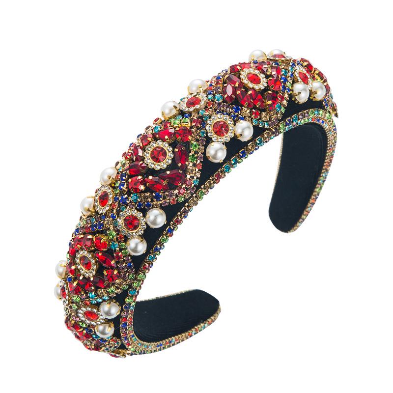 Heming Retro Velvet Headband with Diamond and Pearl Embellishments for Women