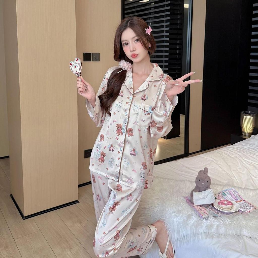2025 Spring & Autumn Women's Cute Bear Long Sleeve Cardigan Pajama Set | Ins Internet Style