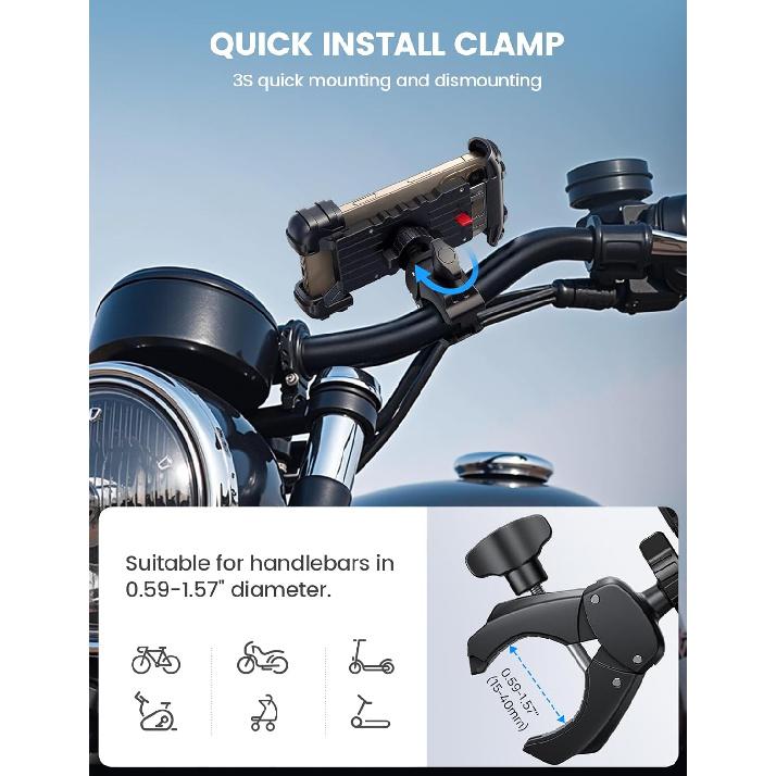 Lamicall Bike Phone Holder Mount - Motorcycle Handlebar Phone Mount Clamp, One Hand Operation, ATV Scooter Phone Clip for iPhone Air 17 16 15 Pro Max