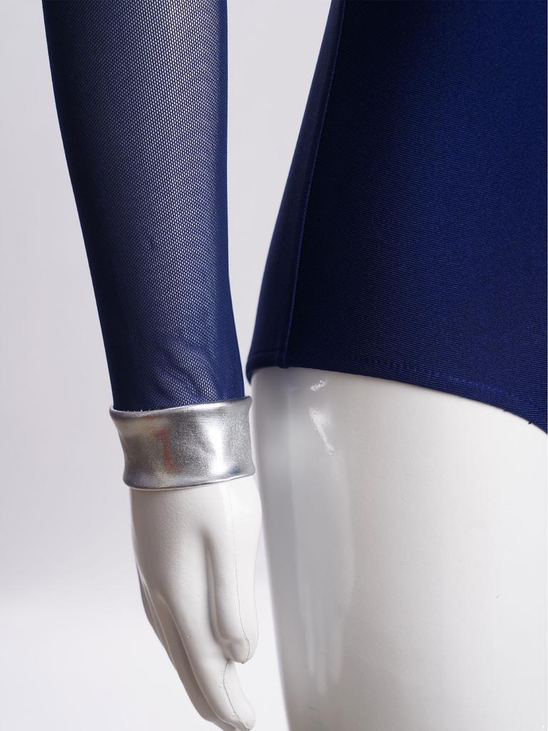 Girls Dance Leotard Sheer Mesh Long Sleeves Mock Neck Keyhole Back Metallic Stripes Buttons Bodysuit Costume