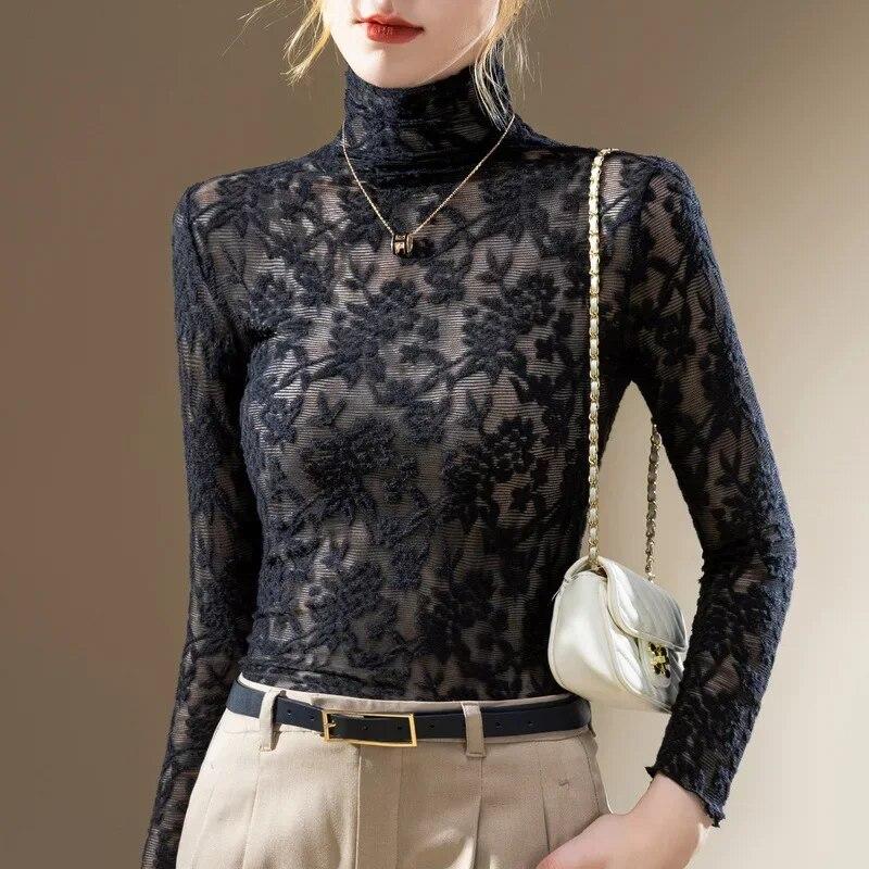 Long Sleeve Crocheted Simple Lace Shirt Women Fashion Turtleneck Woman Blouse Ladies Elegant Female Slim Fit Tops 30272