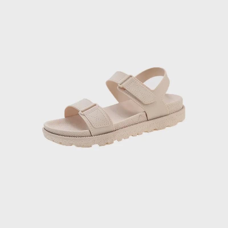 2024 Летние женские плоские корейские модные пляжные сандалии с ремешком на липучке