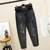Women's High Waist Smoky Gray Ripped Jeans - Korean Style Slim Straight Harem Pants