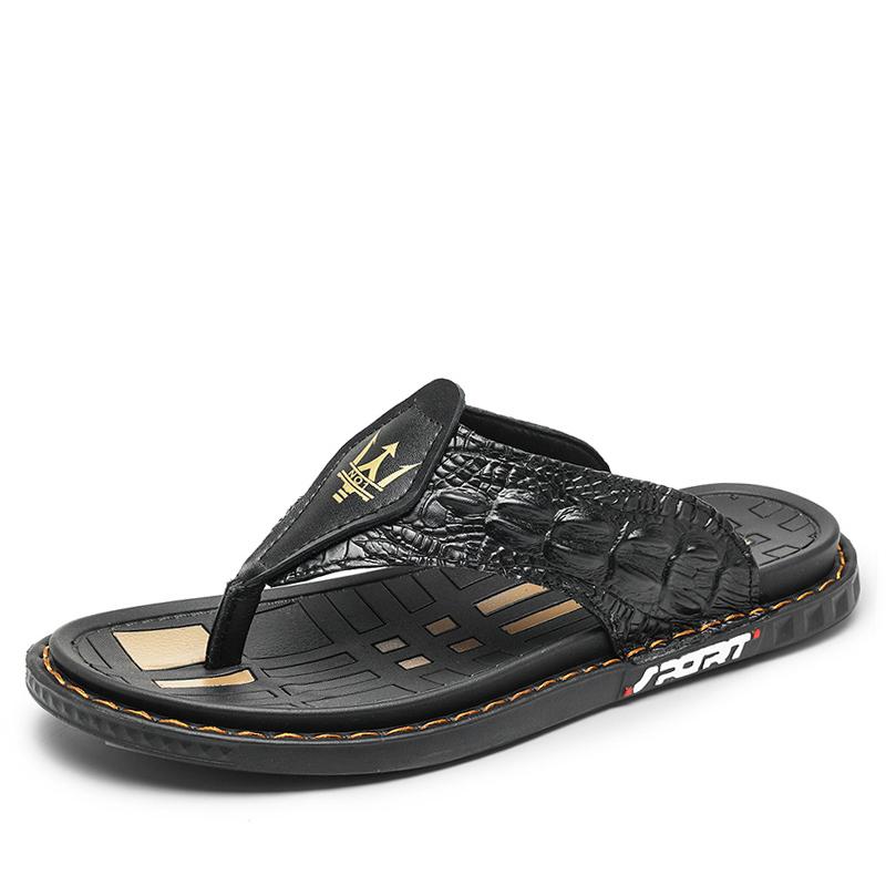 Genuine Leather Men Slippers Handmade Flip Flops Crocodile Grain Style Summer Men Casual Shoes Non-slip Outdoor Men Beach Shoes