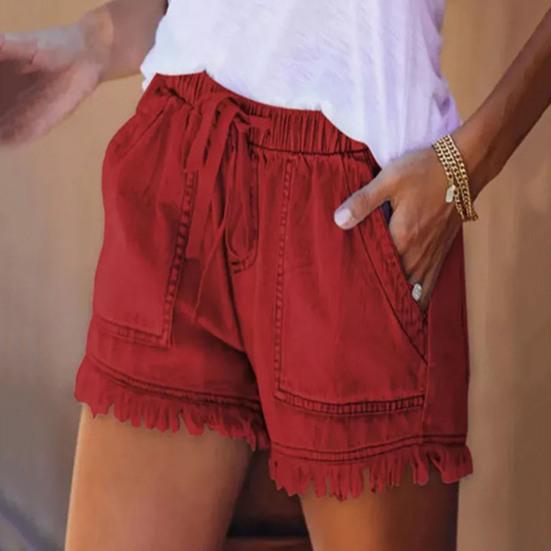 Женские шорты с эластичным поясом средней посадки и широкими карманами на шнурке, впитывающие пот, однотонные манжеты с кисточками, спортивные шорты, уличная одежда