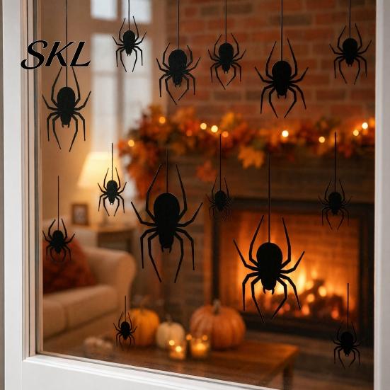 Halloween Decal Spider Static Window Cling, Black Silhouette Glass Wall Sticker, No Residue Self-Adhesive Outdoor Cling Spooky Decal, Decor