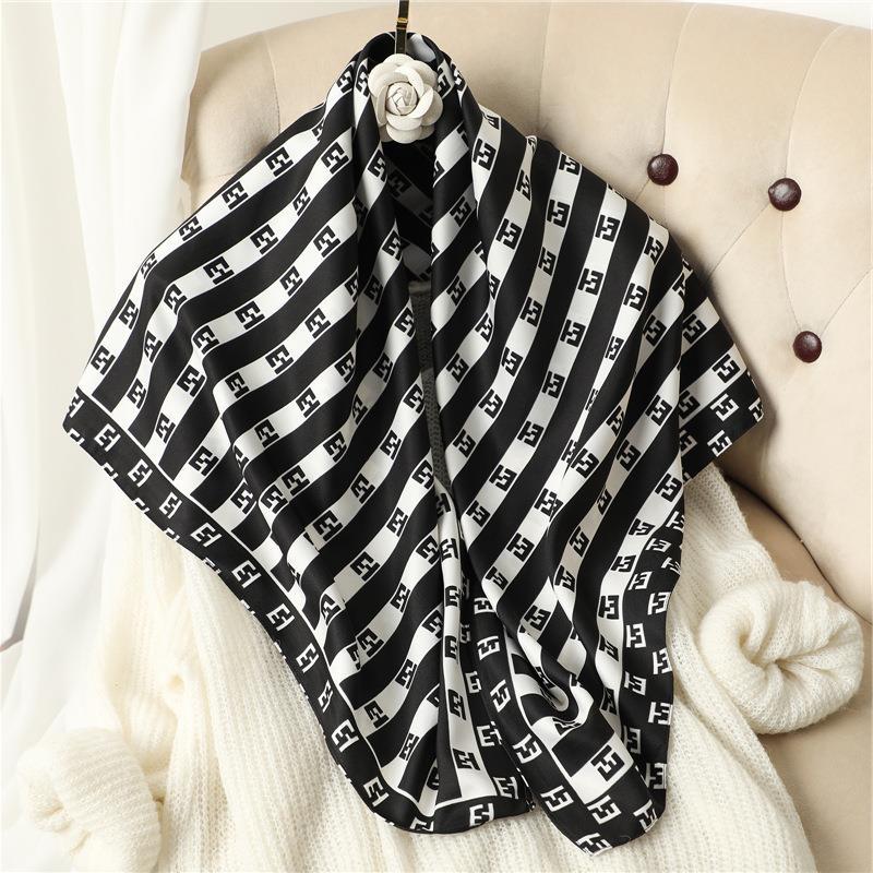 Letter striped scarf women's shawl sunscreen decorative large square scarf temperament old flower shawl twill silk scarf 91cm