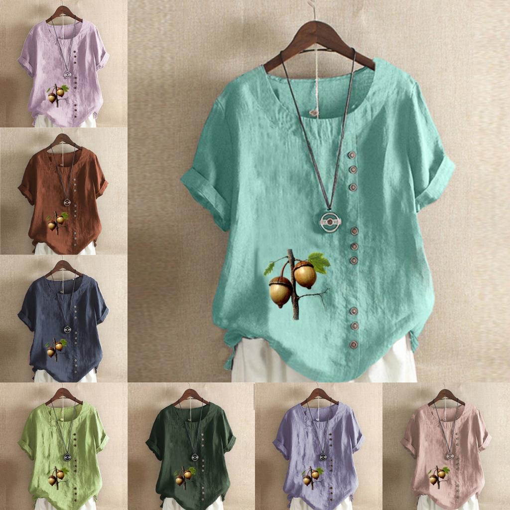 Женская новая модная льняная рубашка с круглым вырезом и коротким рукавом с принтом лесного ореха, летняя женская повседневная блузка больших размеров, топы