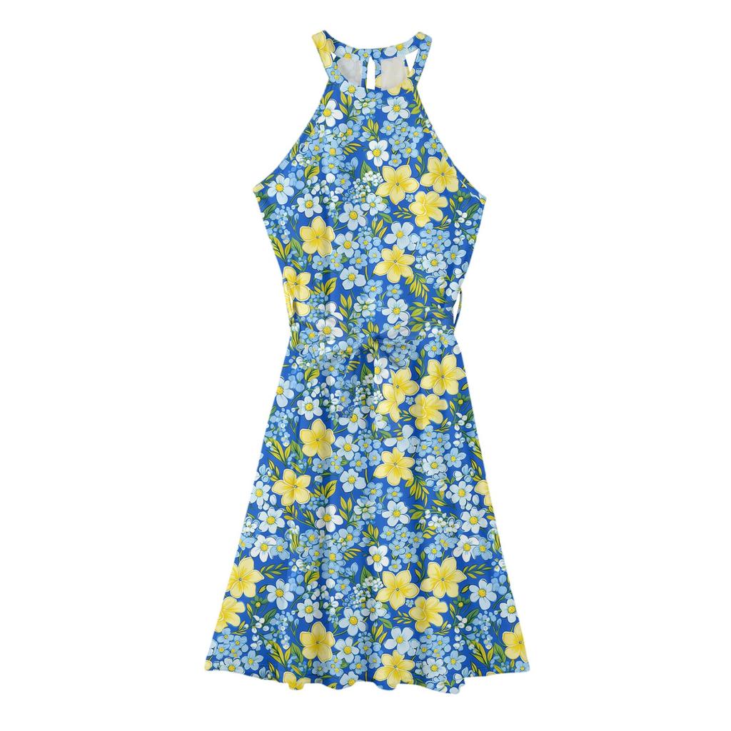 Женское повседневное платье миди с круглым вырезом, классическое, повседневное, без рукавов, свободное платье в стиле бохо с завязками, летний пляжный сарафан