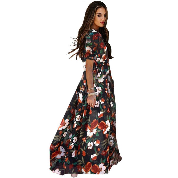 Summer Women's Printed Short Sleeve Dress V-Neck Waist Slim Loose Swing Long Dresses
