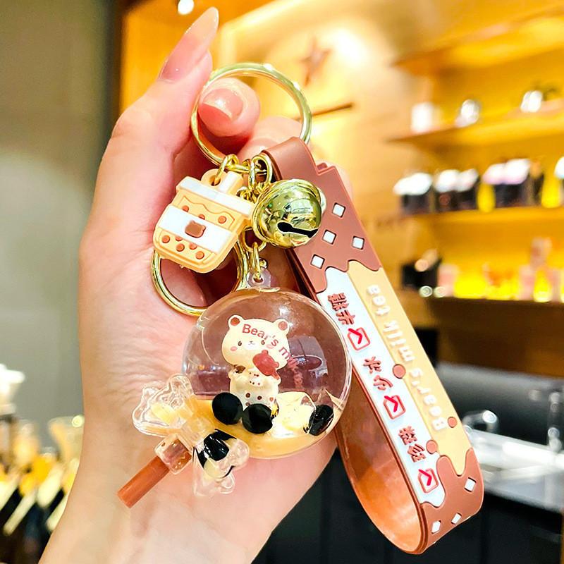 Stylish Acrylic Bear Keychain With Liquid Floating Milk Tea Design For Gifts