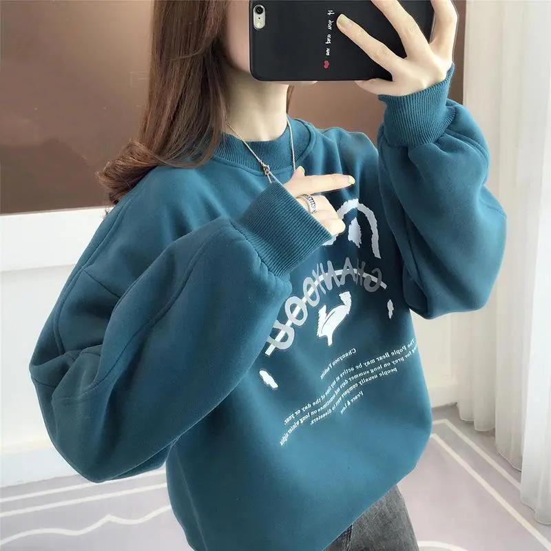 Утолщенный хлопковый свитер, женский осенний свободный топ с полувысоким воротником и мягким принтом, теплый и удобный пуловер, повседневные топы