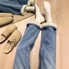 Зима 2024 Джинсы прямого кроя с высокой посадкой на флисовой подкладке для женщин - Стройнящие, Свободная посадка для фигуры типа "груша".