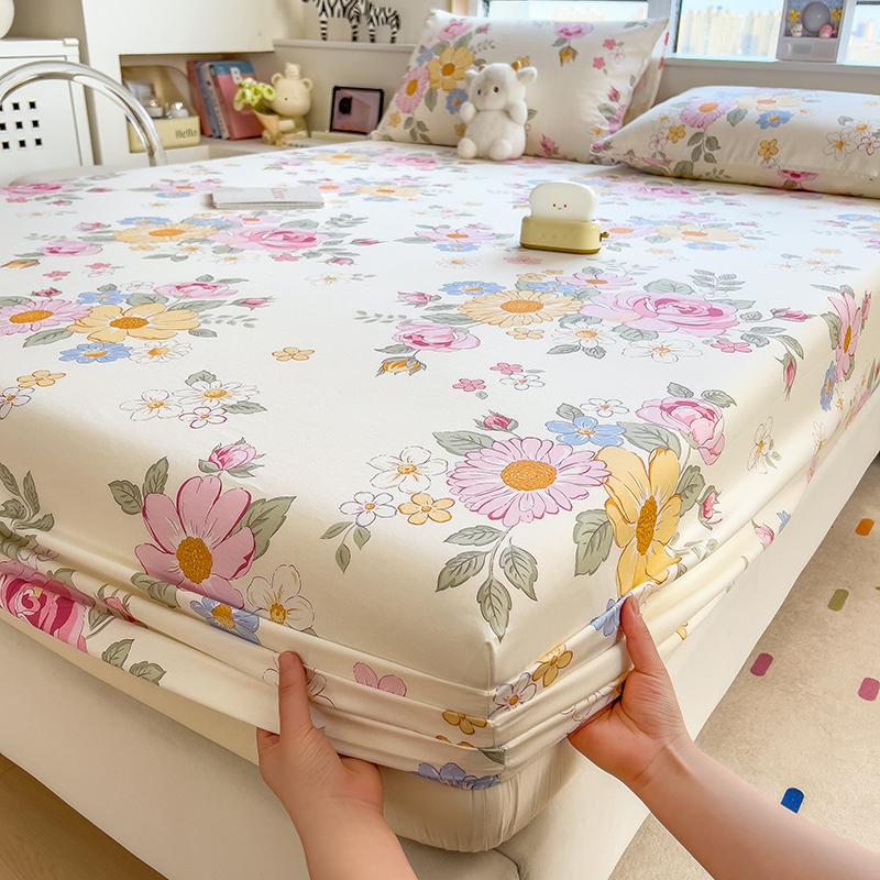 100%Cotton Fitted Bed Sheet Flower Printed Bed Sheet Set Single/Queen/King Pure Cotton Mattress Cover Protector Fitted Sheet