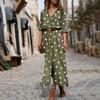 Women's Fashion Casual Polka Dot Print Lapel Long Sleeves Single-breasted Stitching Loose Waist Hem Split Chiffon Dress