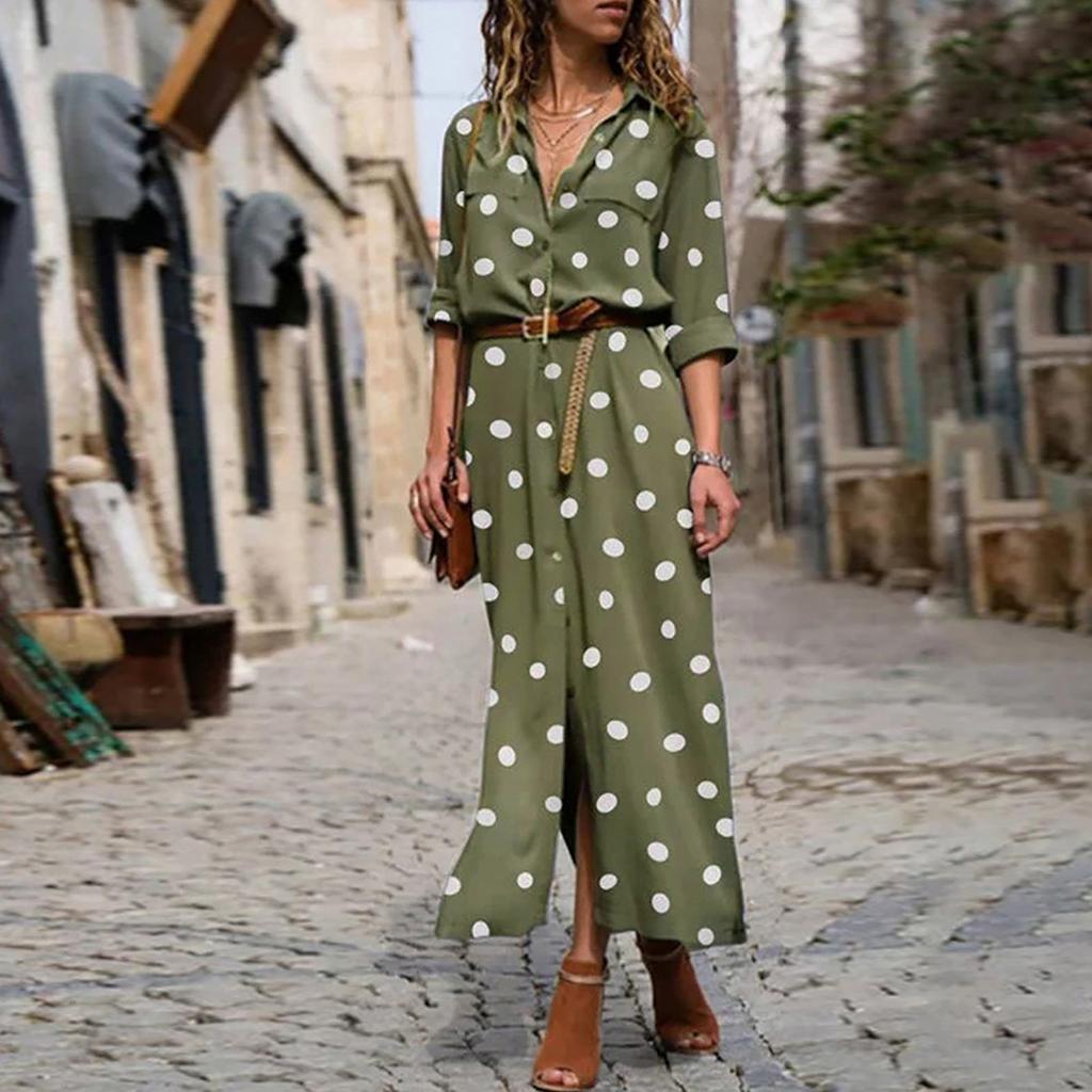 Women's Fashion Casual Polka Dot Print Lapel Long Sleeves Single-breasted Stitching Loose Waist Hem Split Chiffon Dress