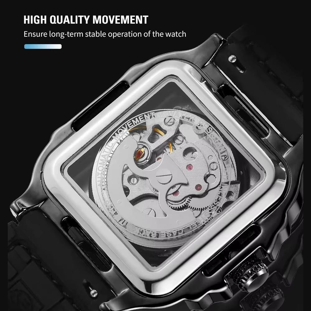 Luxury Square Transparent Skeleton Mens Watches Field Sports Rubber Band Mechanical Watch Luminous Waterproof Reloj Hombre 2024