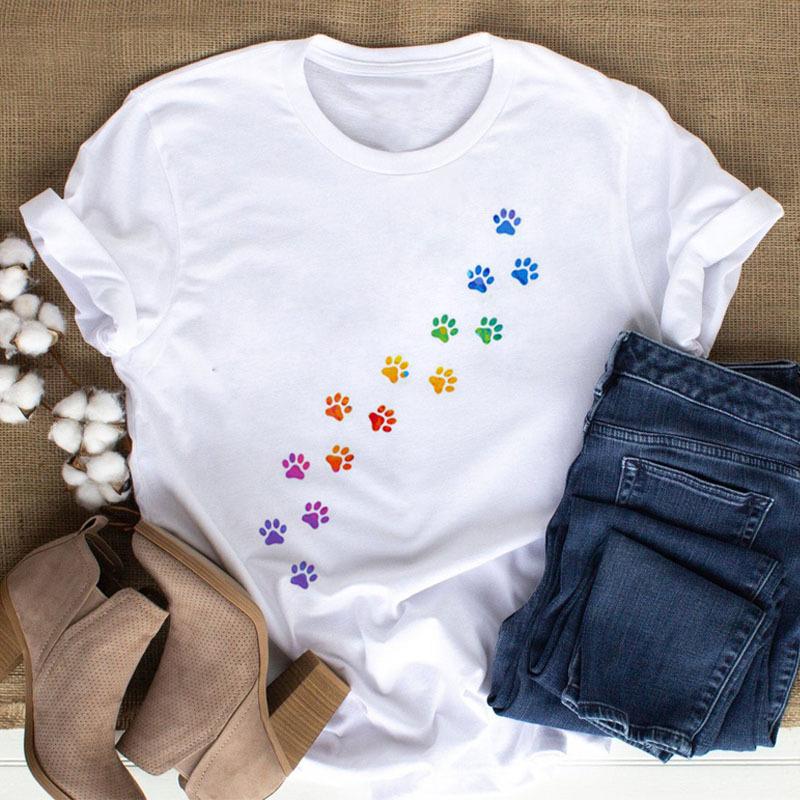100% Polyester Women's Summer Casual Top with Cute Cat Dog Paw Print round Neck Short Sleeve T-shirt Fashion High Street Style gift