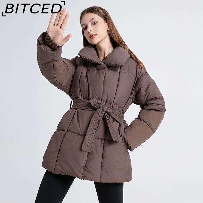 BITCED Укороченная хлопковая куртка Зимняя Свободного кроя Повседневная Теплая Стойка воротник С поясом Хлопковая куртка