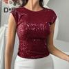 Женская футболка с круглым вырезом и коротким рукавом, топы с пайетками, открытая спина, облегающий крой, сексуальные топы для вечеринок, повседневная одежда