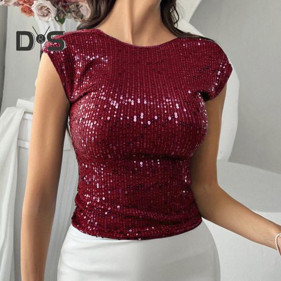 Женская футболка с круглым вырезом и коротким рукавом, топы с пайетками, открытая спина, облегающий крой, сексуальные топы для вечеринок, повседневная одежда