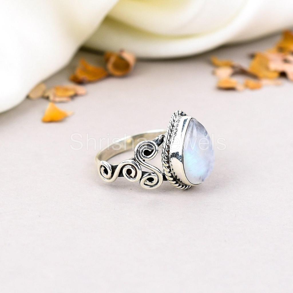 925 Sterling Silver Rainbow Moonstone Pear Shape Gemstone Ring For Women