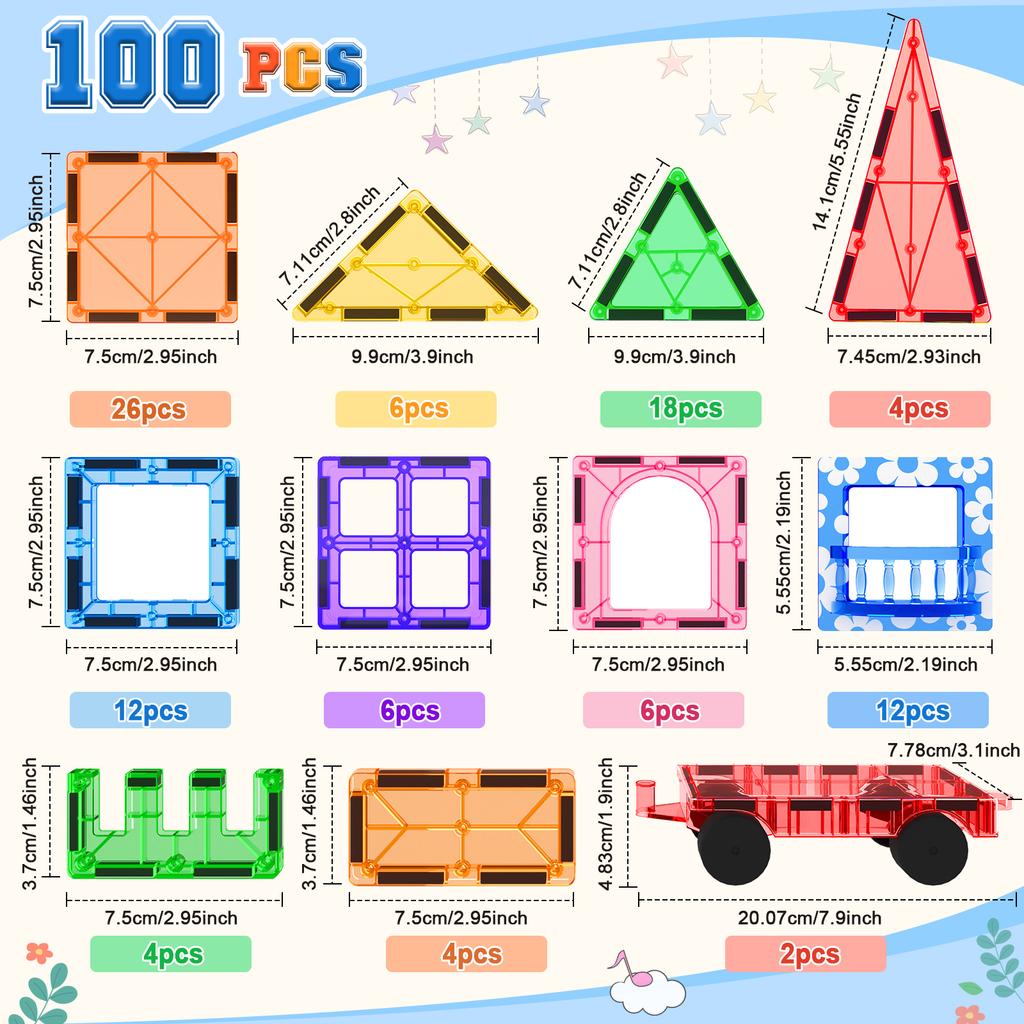 Набор из 100 магнитных плиток STEM строительных игрушек с 2 машинками, сенсорные штабелируемые магнитные блоки для малышей и детей