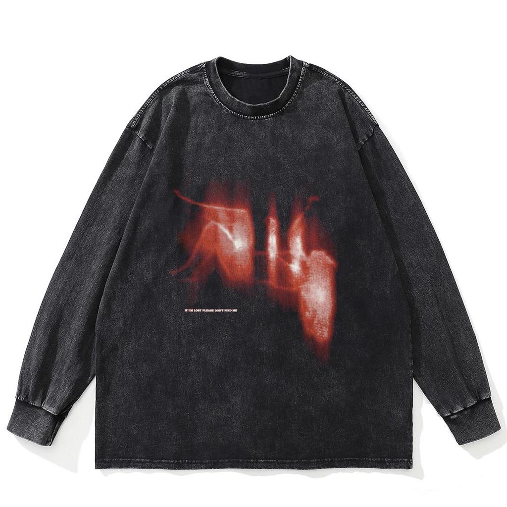 Футболка Streetwear Shadows Graphic Washed Black, хлопковая, унисекс, большие размеры, длинные рукава, футболка