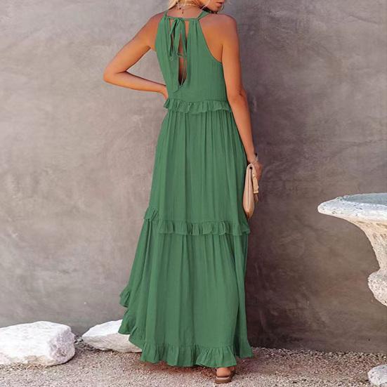 Women Vacation Dress Ruffle Off Shoulder Sleeveless Halter Neck Patchwork A-line Loose Pleated Side Pockets Solid Color Cake