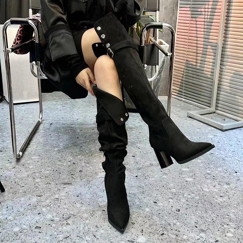 Модные зимние современные женские сапоги выше колена модные заостренные длинные сапоги дизайнерские толстые каблуки Botas De Mujer
