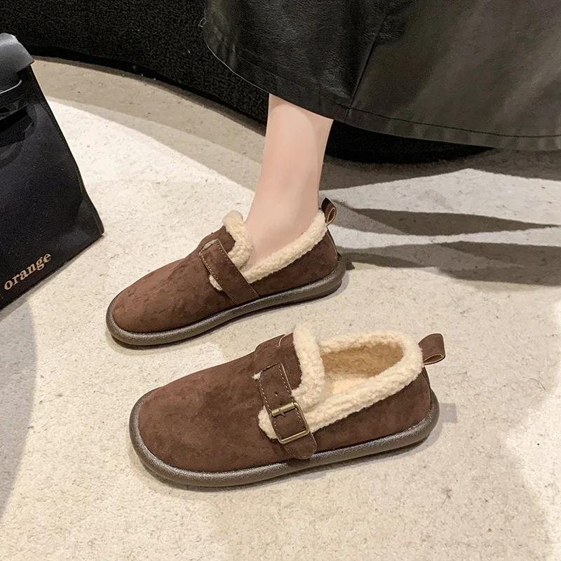 Модная женская обувь 2024 года, горячая распродажа, женские туфли на плоской подошве One Kick, зимние туфли с круглым носком, замшевые, теплые, однотонные, повседневные, удобные, большого размера