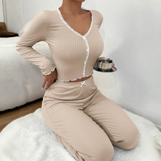 Womens Lace Trim Ribbed Knit Pajamas Set Long Sleeve Crop Top Wide Leg Pants Lounge Set 2 Piece Pjs Sleepwear