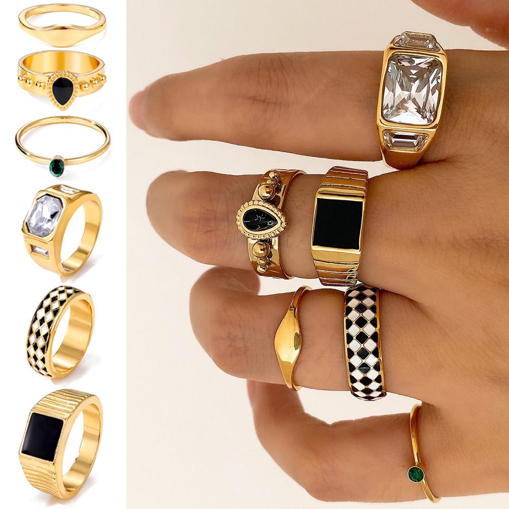 2023 Новое благородное кольцо, роскошное богатое кольцо, ретро черно-белый комплект колец в клетку, кольцо для вечеринки, набор из 6 предметов для мужчин и женщин