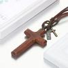 Metal Tags Wood Cross Necklace Religious Crucifix Pendant Chain Handmade Cross Necklace  Christian