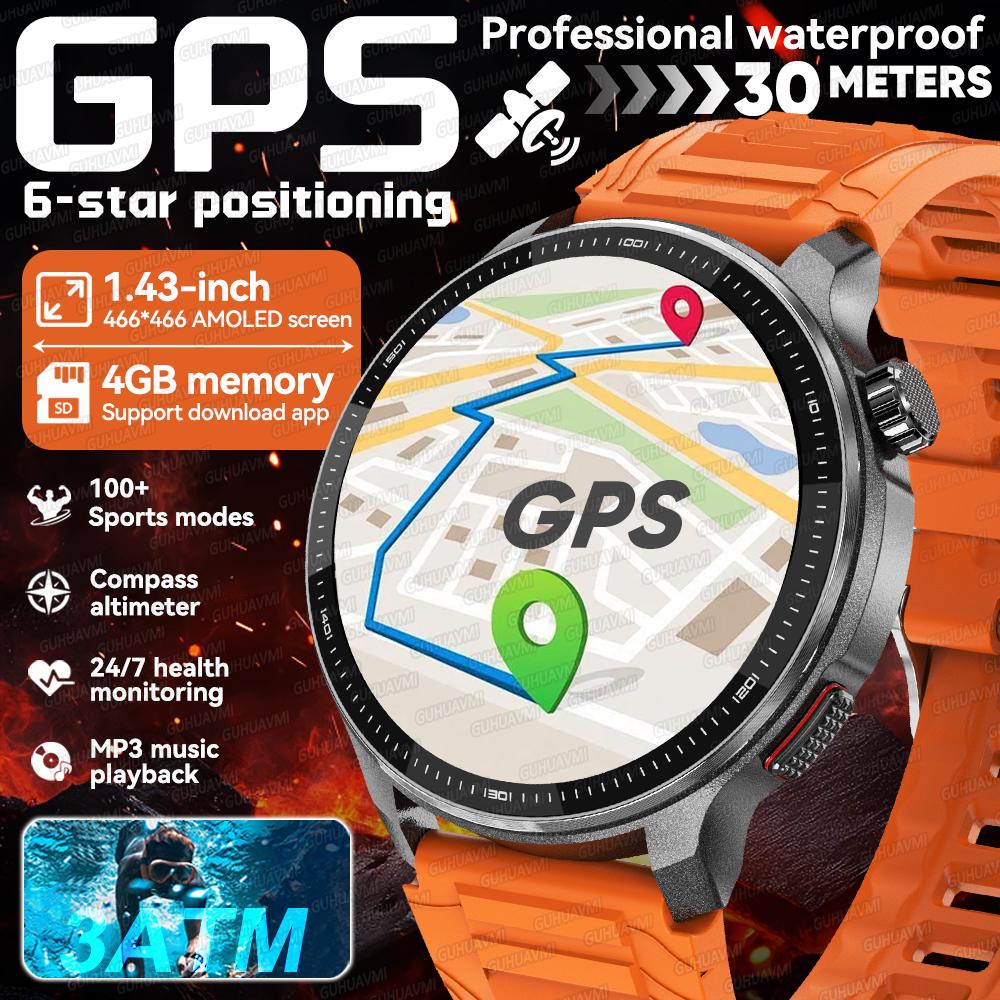 Новые умные часы с GPS-картой в автономном режиме для мужчин, 1,43-дюймовый AMOLED-экран, 4 ГБ памяти, видео, музыка, компас, водонепроницаемость 30 м, для плавания, спорта, умный браслет