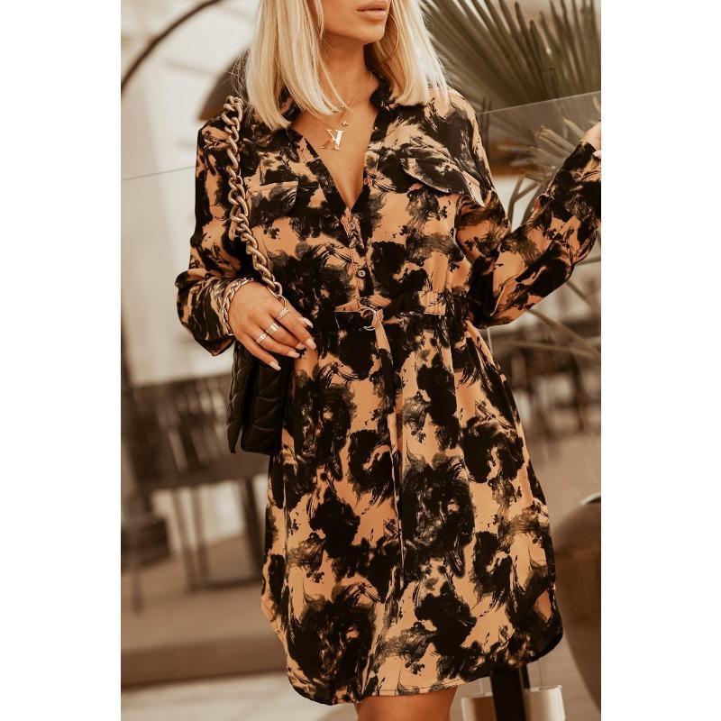 YYFS Women's Fashion Spring Fall Colour Block Print Long Sleeve V-Neck High Waist Casual Dresses