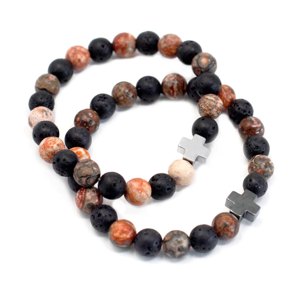 Couples Bracelets Pair Leopard Skin Jasper Lava Stone