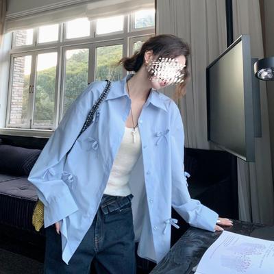 Синяя рубашка с 3D-бантом для женщин, женская шикарная универсальная повседневная рубашка с лацканами, однотонная, с длинным рукавом, женская однобортная рубашка