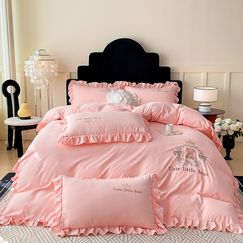 Маленький свежий выстиранный вязаный вышитый четырехпредметный комплект постельного белья из чистого хлопка пододеяльник простыня юбка для кровати