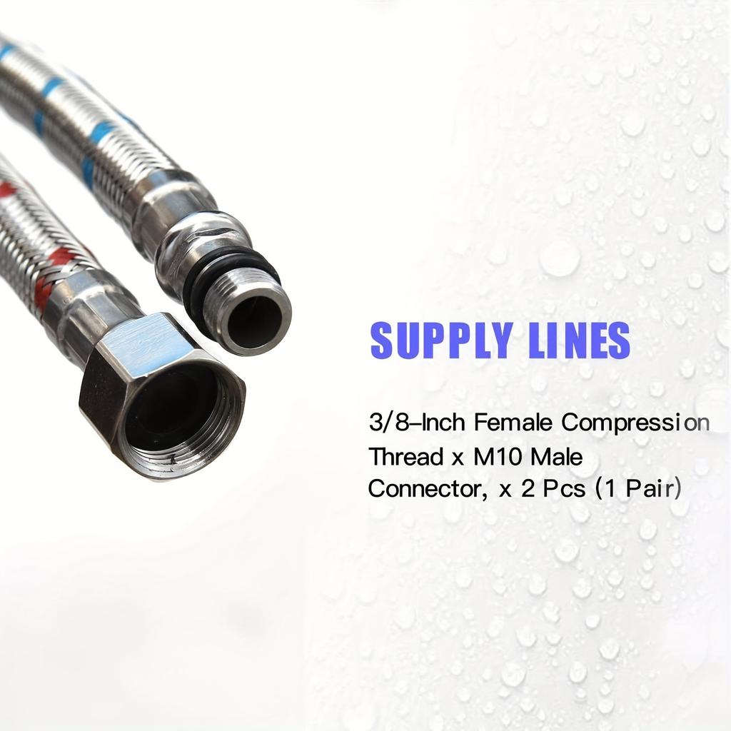1 Pair 24-Inch Long Braided Stainless Steel Faucet Connector Hose, 3/8-Inch Female Compression Thread To M10 Male Connector
