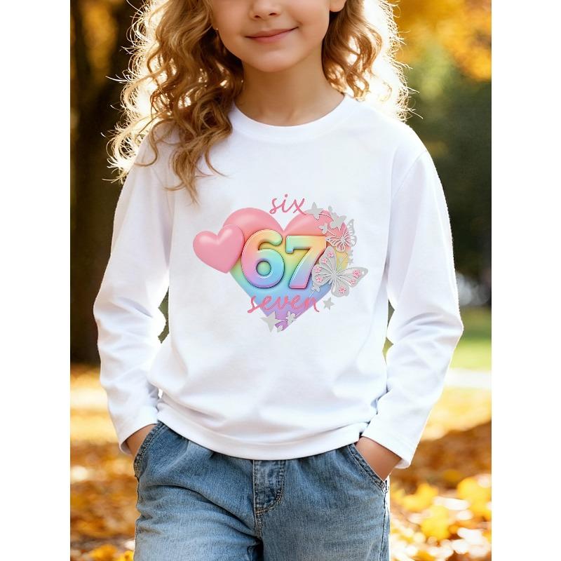 Kids Unisex Crewneck Sweatshirt, Rainbow Gradient Heart 67 Six Seven Butterfly Star Print Long Sleeve Pullover, Sweatshirts for Boys Girls Ages 4+