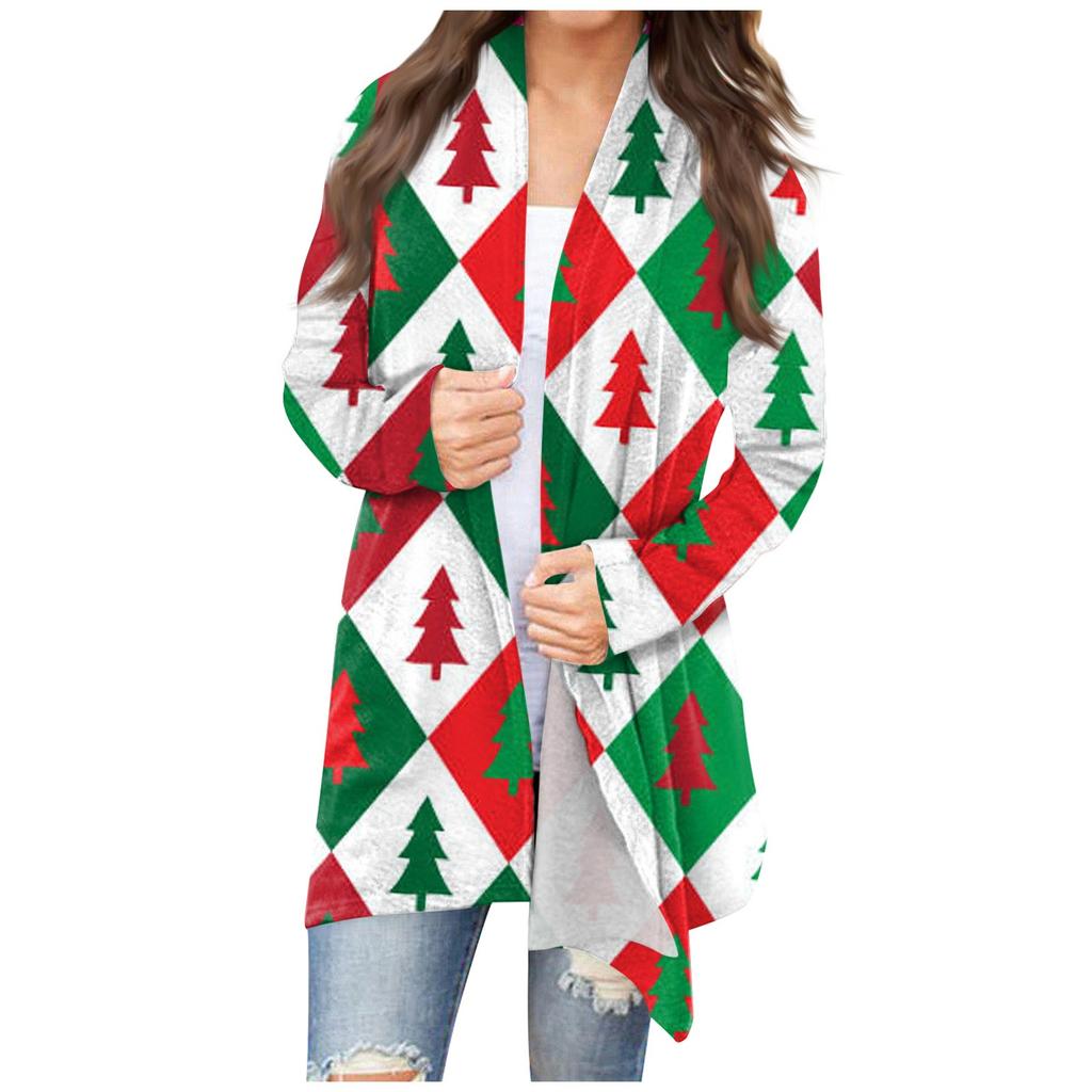 Women's Fashion Casual Christmas Print Medium Length Cardigan Jacket Coat