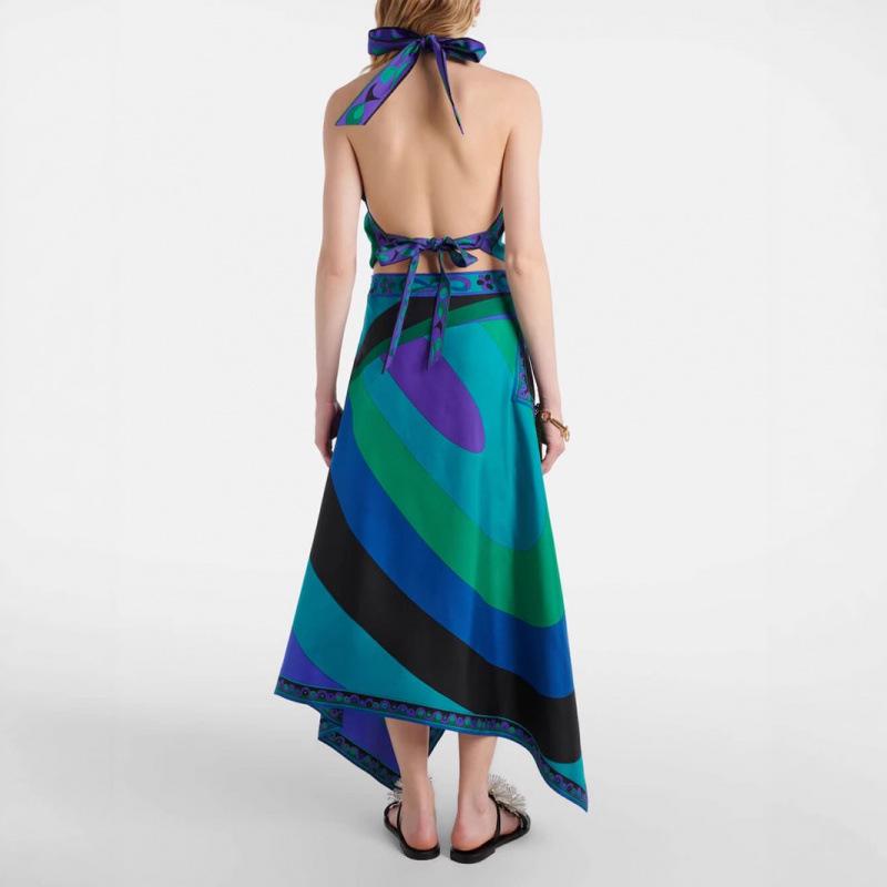 2025 Комплект: топ на бретельках с открытой спиной из принтованного атласа и асимметричная юбка